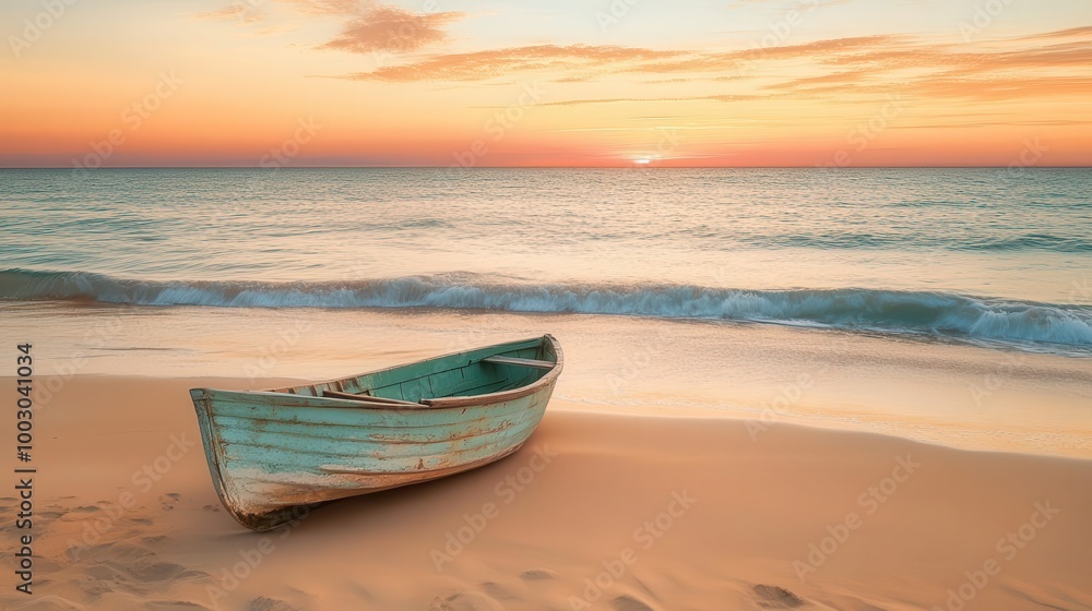 serene coastal scene with weathered wooden paddleboat resting on golden sand gentle waves lapping at the shore under a pastel sunset sky serene coastal scene with weathered wooden paddleboat resting on golden sand gentle waves lapping at the shore under a pastel sunset sky