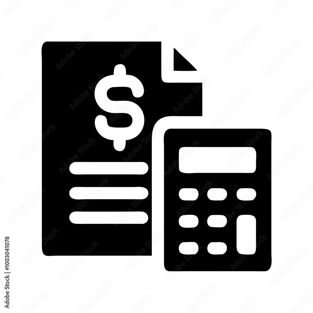 Financial statement icon with document and calculator in black silhouette Financial statement icon with document and calculator in black silhouette
