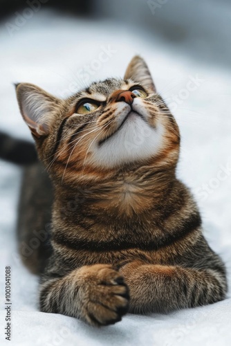 Cute tabby kitten resting on a soft surface in a cozy indoor setting during d...