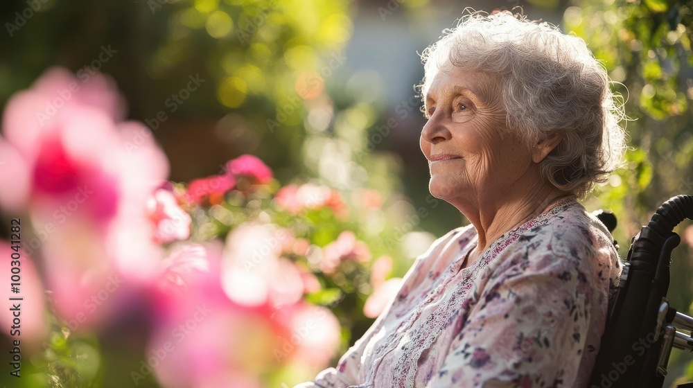 serene elderly woman in a sunlit garden surrounded by blooming flowers wheelchair barely visible focus on her peaceful expression and the beauty of nature around her serene elderly woman in a sunlit garden surrounded by blooming flowers wheelchair barely visible focus on her peaceful expression and the beauty of nature around her