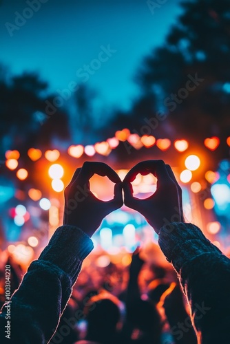 Hands forming a heart shape against a vibrant concert backdrop filled with co...