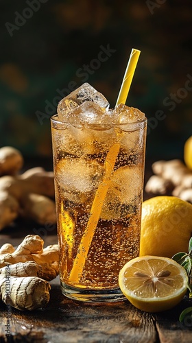 Ginger lemonade with ice, rosemary, and lemon slice in a tall glass on a rustic wooden table photo