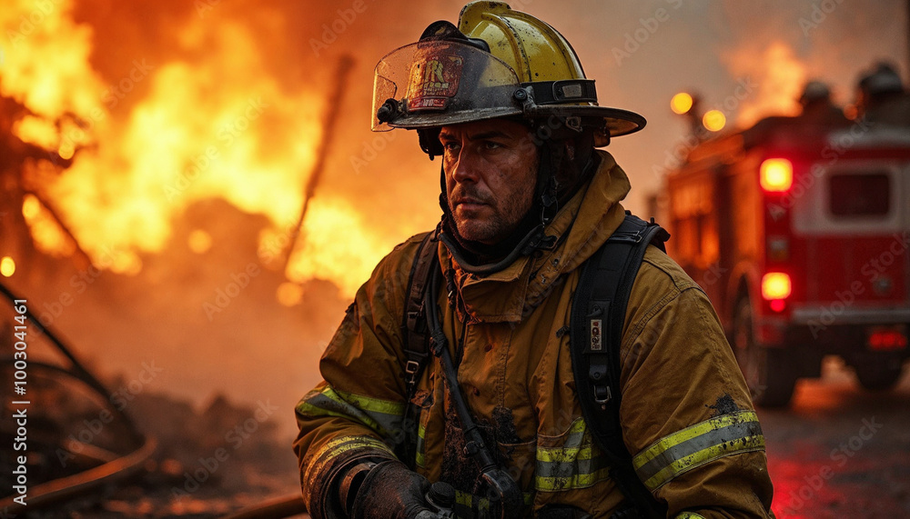 Professional firefighter standing in front of fire blaze. Fireman rescuer hero at work. Generated AI Professional firefighter standing in front of fire blaze. Fireman rescuer hero at work. Generated AI