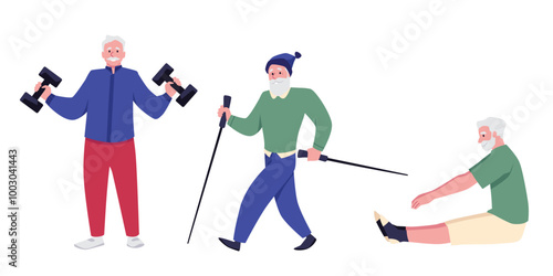 Seniors men sport training with dumbbells, doing gymnastics exercises vector set, Nordic walking poles, sport lifestyle