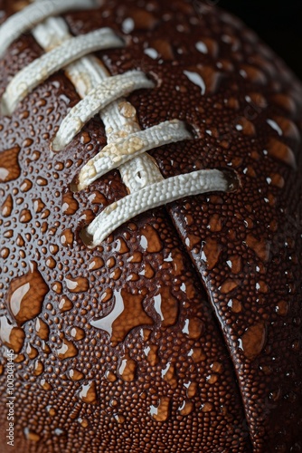 Close-up of a wet football highlighting its texture and details in a dimly li...