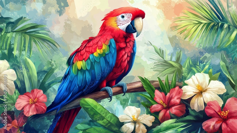 Obraz premium Vibrant red and blue parrot perched among tropical flowers in a lush jungle setting