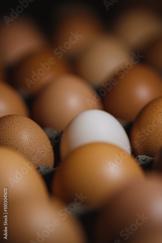 Various eggs in different shades arranged closely together on a dark surface