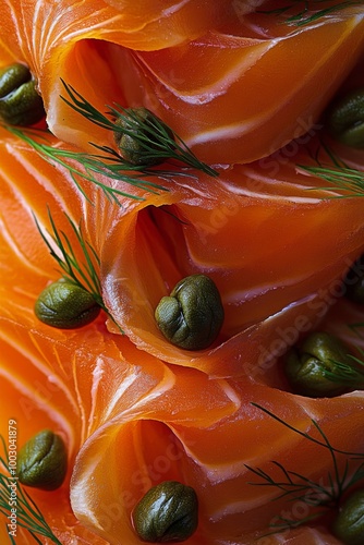Freshly cured salmon with capers and dill carefully arranged for a gourmet pr...