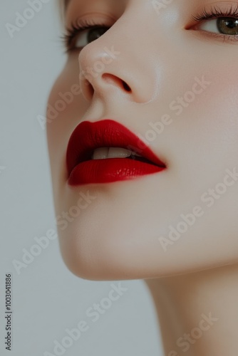 Close-up of a model showcasing bold red lipstick against a softly blurred bac...