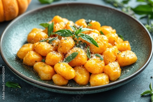 mockup banner featuring pumpkin gnocchi topped with herbs, a delightful representation of seasonal comfort food