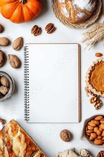 Cozy kitchen with autumn harvest ingredients and a notebook for recipe planning