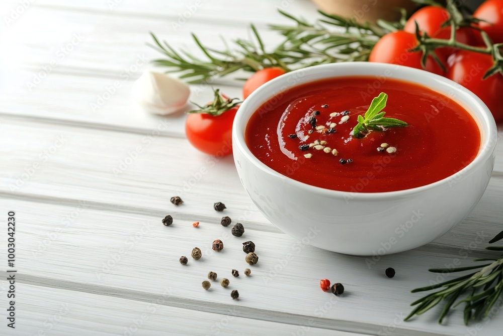 Tomato sauce in a white ramekin with rosemary, salt, and peppercorns on a wooden table Tomato sauce in a white ramekin with rosemary, salt, and peppercorns on a wooden table