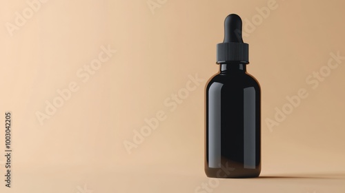 Sleek black dropper bottle on a light background used for essential oils or l...