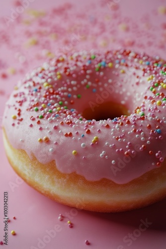 Delicious pink frosted donut adorned with colorful sprinkles on a pastel pink background