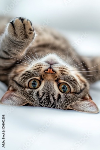 Cute tabby kitten resting on a soft surface in a cozy indoor setting during d...