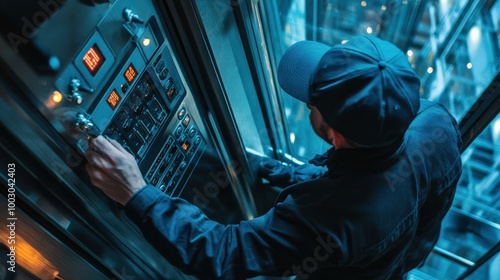 An elevator inspector inspects the control panel within a glass elevator shaft. The technician is ensuring all functions operate smoothly during a safety assessment
