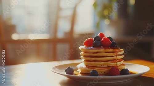 Delicious stack of pancakes topped with fresh berries and syrup in warm morni...