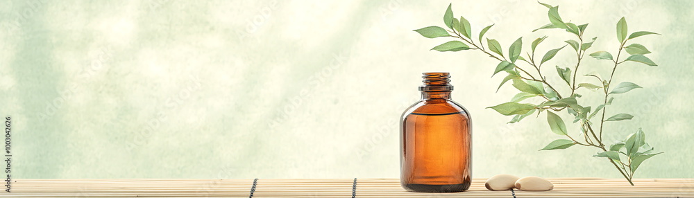 A bottle of essential oil is on a wooden table next to a leafy plant. The bottle is brown and the plant is green. Concept of relaxation and calmness A bottle of essential oil is on a wooden table next to a leafy plant. The bottle is brown and the plant is green. Concept of relaxation and calmness
