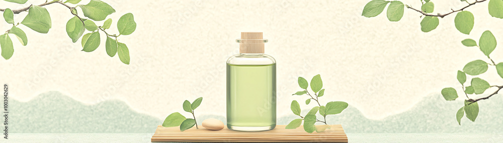 A bottle of essential oil is on a wooden table. The bottle is green and has a cork stopper. The bottle is surrounded by leaves and branches, giving the impression of a natural setting A bottle of essential oil is on a wooden table. The bottle is green and has a cork stopper. The bottle is surrounded by leaves and branches, giving the impression of a natural setting
