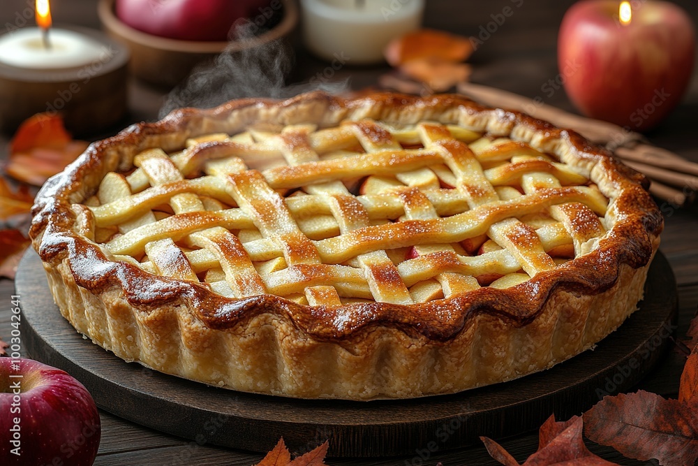 Apple pie decorated with lattice overhead shot, fall baking concept