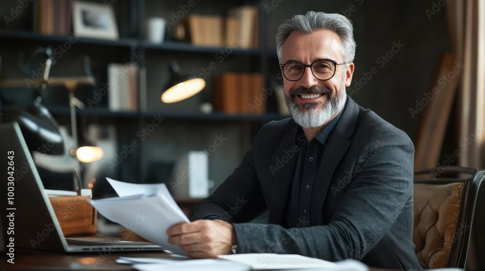 Happy mature businessman sitting with documents at desk in office Happy mature businessman sitting with documents at desk in office