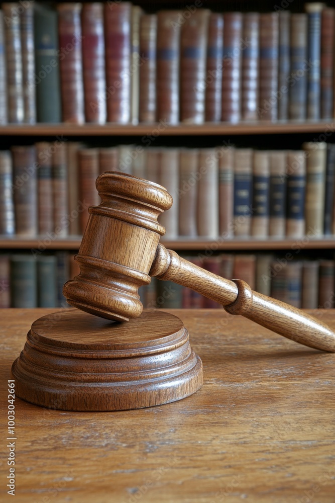 Wooden gavel resting on a sound block in a law library filled with books during daylight Wooden gavel resting on a sound block in a law library filled with books during daylight