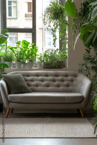 Cozy living room with a gray sofa and vibrant indoor plants offering a serene...