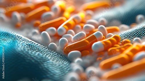 Colorful assortment of capsules and tablets on a textured surface in a close-...