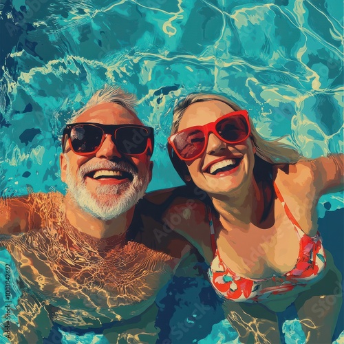 Happy mature couple has fun in the pool and enjoys the summer. Smiling and laughin at sunshine. Generative Ai photo