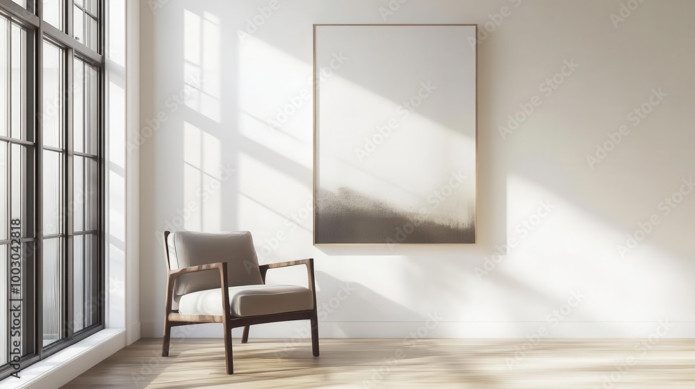 serene minimalist living room flooded with natural light single statement armchair in muted tone large abstract artwork on pristine white wall sleek hardwood flooring serene minimalist living room flooded with natural light single statement armchair in muted tone large abstract artwork on pristine white wall sleek hardwood flooring