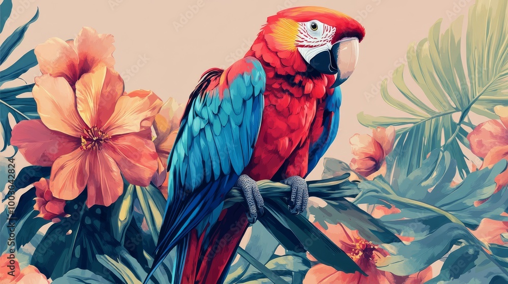 Obraz premium Vibrant red and blue parrot perched among tropical flowers in a lush jungle setting
