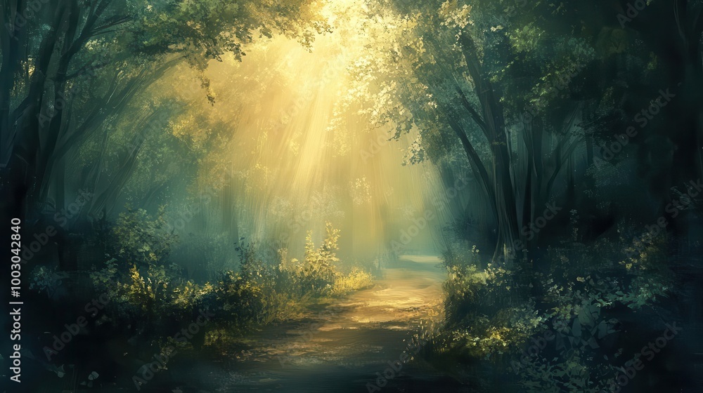 Obraz premium serene misty forest path with sun rays breaking through trees enchanting fairy tale landscape digital painting