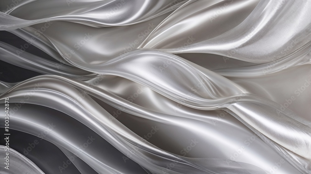 Luxurious flowing silk fabric waves in soft silver tones, ideal for elegant backgrounds Luxurious flowing silk fabric waves in soft silver tones, ideal for elegant backgrounds