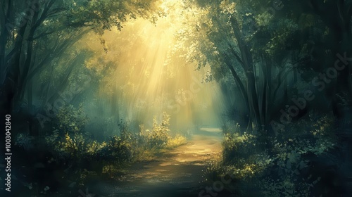 serene misty forest path with sun rays breaking through trees enchanting fairy tale landscape digital painting