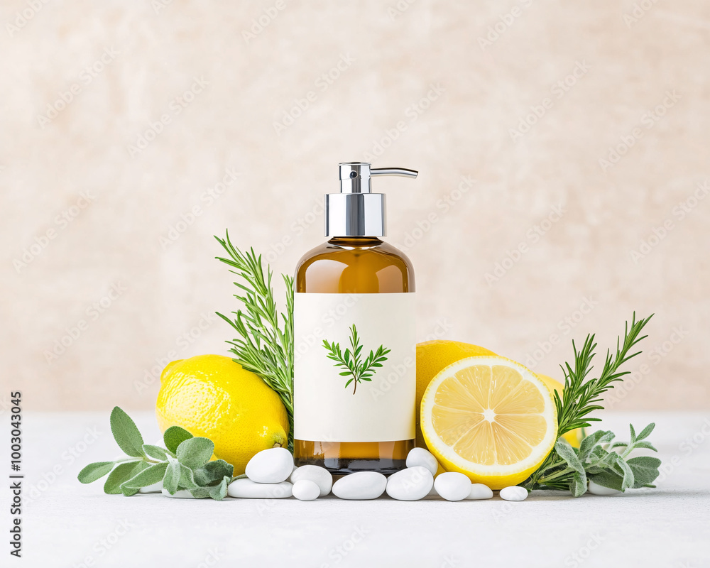 A bottle of lotion is displayed on a table with a lemon and some herbs. The bottle is brown and has a silver cap. The herbs and lemon are arranged around the bottle, creating a natural and fresh look A bottle of lotion is displayed on a table with a lemon and some herbs. The bottle is brown and has a silver cap. The herbs and lemon are arranged around the bottle, creating a natural and fresh look