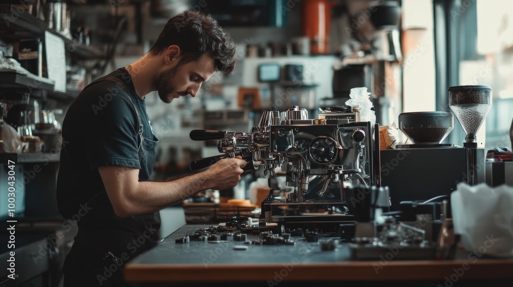 A technician is focused on disassembling an espresso machine at a coffee shop, surrounded by various coffee-making tools and equipment, showcasing expertise in maintenance A technician is focused on disassembling an espresso machine at a coffee shop, surrounded by various coffee-making tools and equipment, showcasing expertise in maintenance
