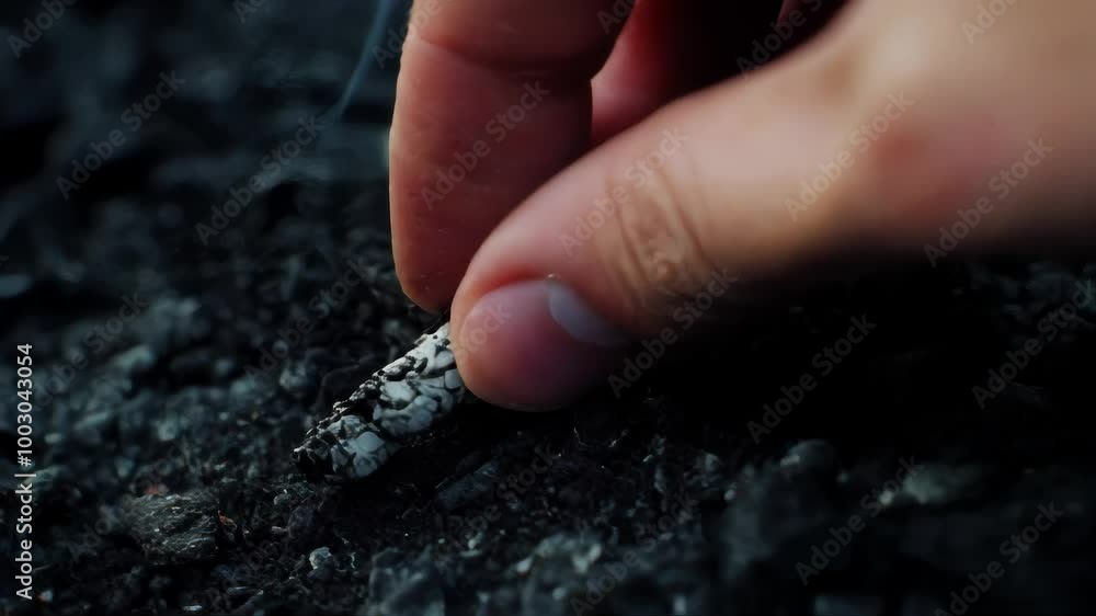 Close up of a cigarette burning and extinguishing in ash. A hand then picks up the cigarette butt and removes it.. AI Generation Close up of a cigarette burning and extinguishing in ash. A hand then picks up the cigarette butt and removes it.. AI Generation