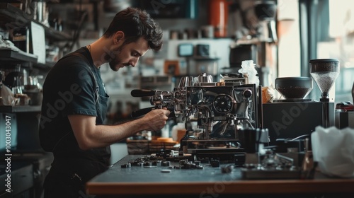 A technician is focused on disassembling an espresso machine at a coffee shop, surrounded by various coffee-making tools and equipment, showcasing expertise in maintenance