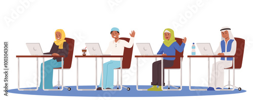 Arabian school children with laptop in national clothes, vector Muslim boys and girls student studying in computer class