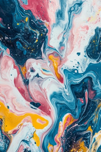 Vibrant abstract painting featuring swirling blue, pink, and yellow colors on...
