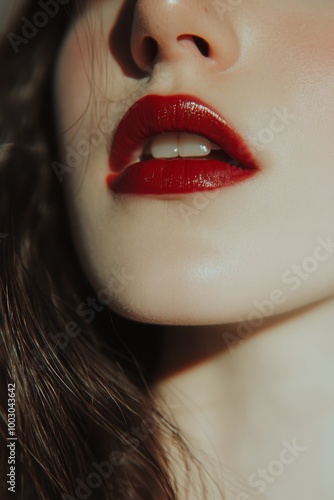 Close-up of a model showcasing bold red lipstick against a softly blurred bac...