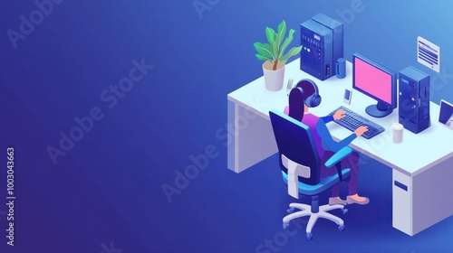 Isometric customer service landing page. Call center receptionists or telemarketers sitting at a computer working on assisting clients online.