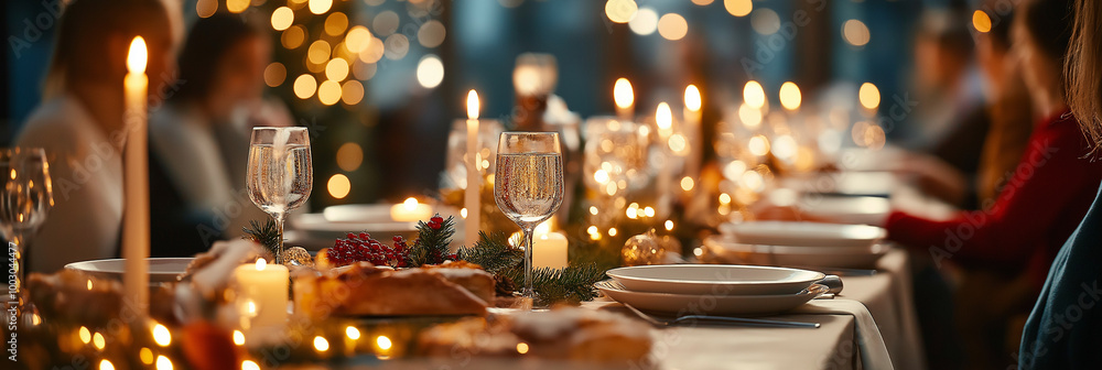 A beautifully set table with candles and twinkling lights for a festive dinner. A beautifully set table with candles and twinkling lights for a festive dinner.