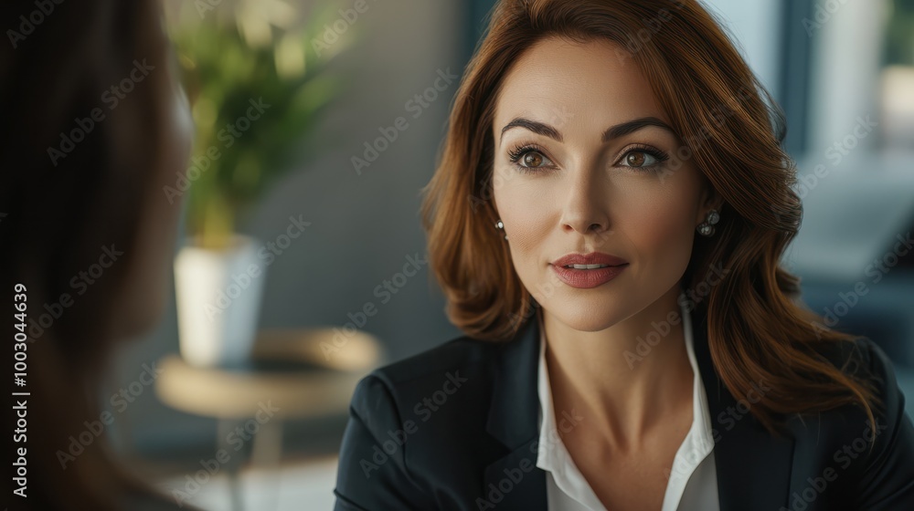 Middle aged professional business woman executive HR manager having job interview or business discussion in corporate office meeting.