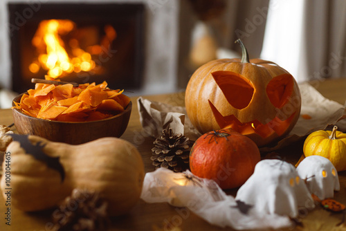 Happy Halloween! Carving Jack o lantern pumpkin, glowing ghosts and spiders on table in living room. Spooky atmospheric halloween decorations photo