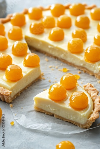 Delicious citrus tart garnished with golden berries and cream on a rustic kit...