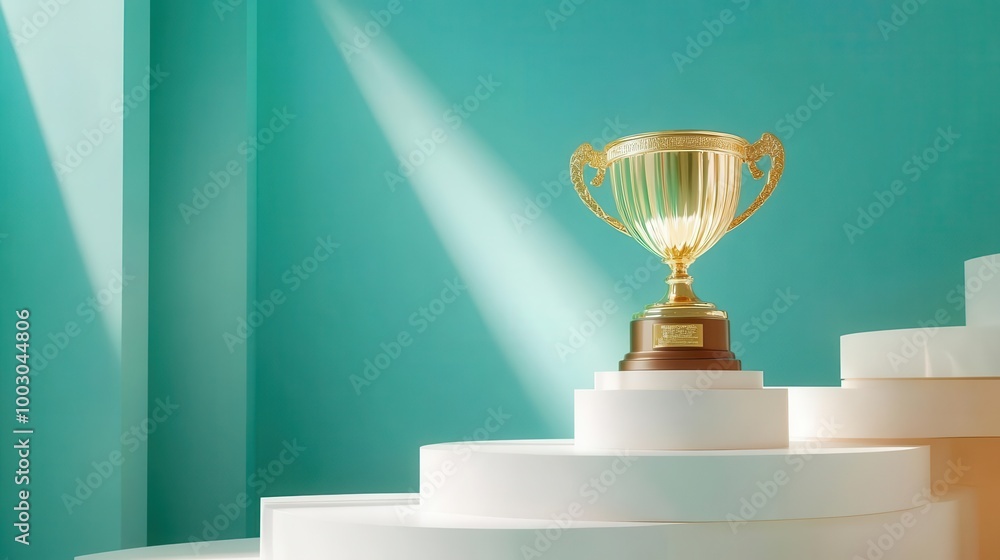 shiny gold champions trophy cup on a podium 3d illustration shiny gold champions trophy cup on a podium 3d illustration