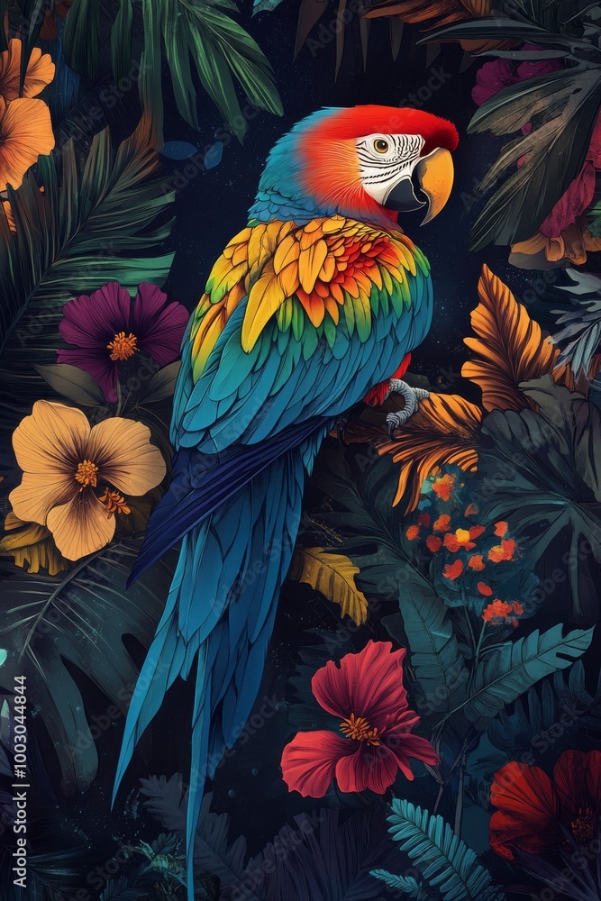 Fototapeta premium Vibrant macaw perched on blooming flowers in a lush tropical setting under soft lighting