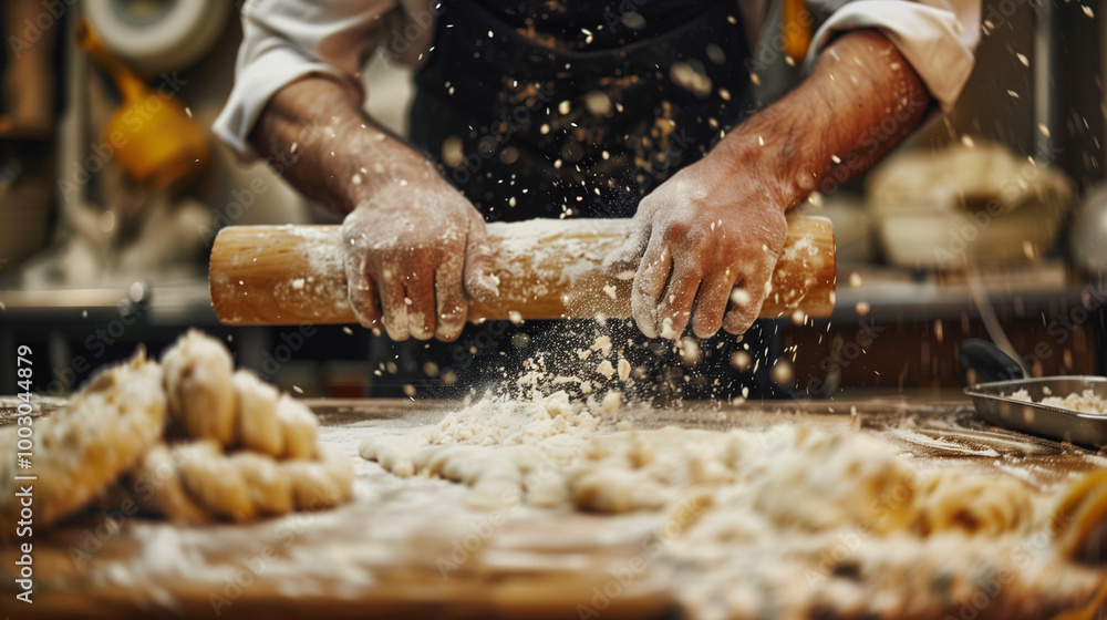 A baker vigorously rolls out dough with a wooden rolling pin, causing flour to scatter through the air. A dynamic scene capturing the process of preparing baked goods. A baker vigorously rolls out dough with a wooden rolling pin, causing flour to scatter through the air. A dynamic scene capturing the process of preparing baked goods.