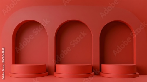 Bright red minimalist stage design with geometric shapes for events or presen...